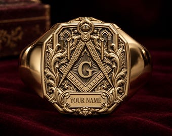Personalized Masonic Ring, Custom Name Freemason Signet Ring, Square & Compass G Ring, All Seeing Eye Men's Jewelry, Gift for Him