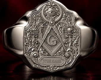 Personalized Masonic Signet Ring, Freemason Ring with Custom Name, Ornate Men's Masonic Jewelry, Gift for Him