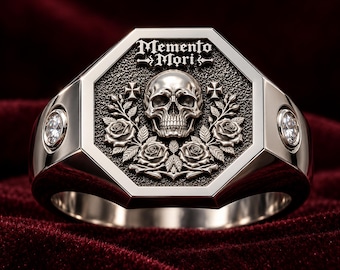 Memento Mori Skull Ring, Gothic Unisex Signet Ring, Rose Skull Statement Ring, Dark Gothic Jewelry, Unique Skull Gift