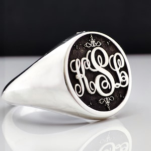 Fancy Monogram Laser Engraved Signet Ring Gold Silver Black 11 / Silver by Aydins Jewelry