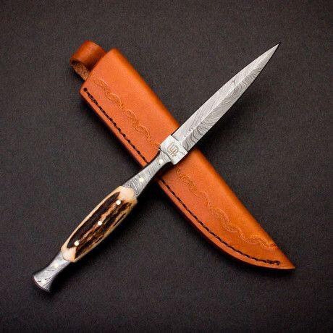 10hand Made Damascus Hunting Knife With Leather Sheath Etsy