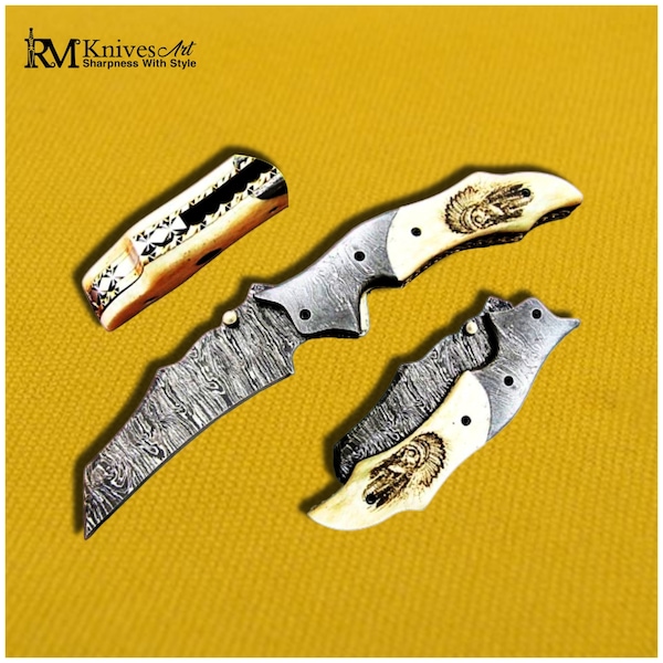 Handmade Damascus Pocket Knife Bone and scrimshaw art  Folding Knife Birthday Gift Groomsmen Gift Wedding Personalized Gifts for Men