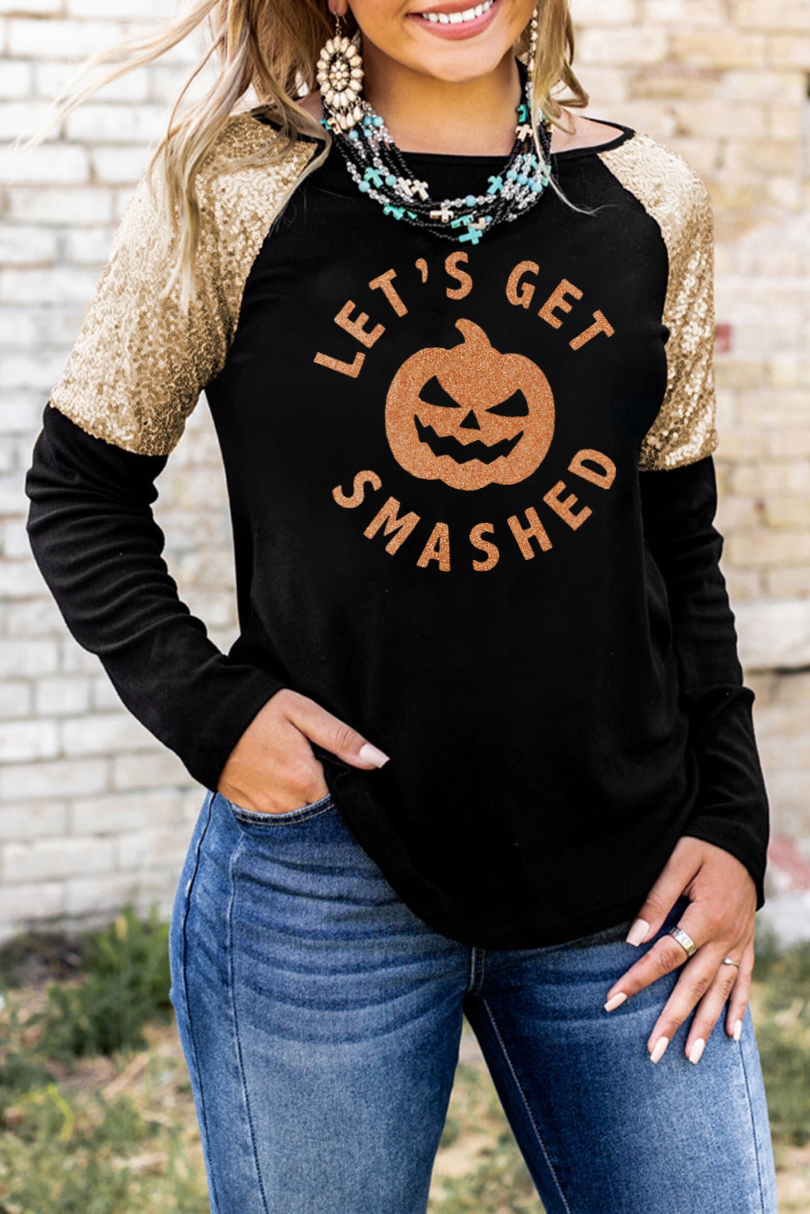 Sequin Happy Halloween Long Sleeve Top