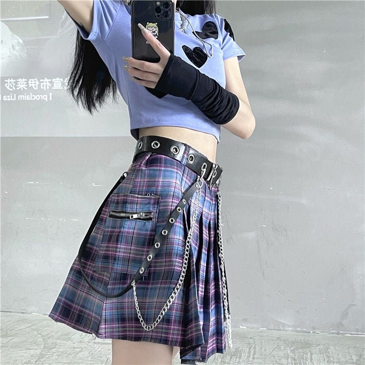 Cute Pleated Pink White Checked Women High-Waist Short Skirt with