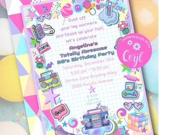 80s Theme Party Invitation Template, Neon Birthday (Editable, Instant Download)