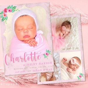 Modelo editável de anúncio de nascimento de bebê, download instantâneo, edite com Corjl, anúncio de recém-nascido, Charlotte rosa chique gasto 5x7