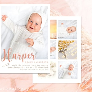 May include: A baptism invitation card featuring a photograph of a baby girl wearing a white dress. The card is adorned with pink hearts and the baby's name, Harper, is written in a pink cursive font. The text on the card reads "Harper Grace Halverson would like to invite you to her baptism Sunday December 13th - 11:30 am - St. Mary's Church lunch to follow in the dining hall."