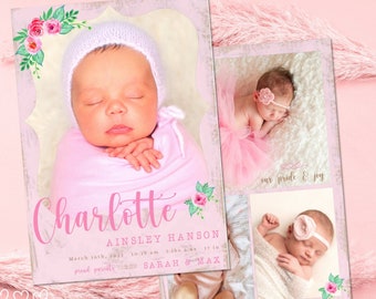 Shabby Chic Baby Announcement Template, Pink Floral (5x7, Instant Download)