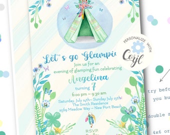 Glamping campout Invitation, Instant Download | EDITABLE CORJL FILE  | camping party, any age