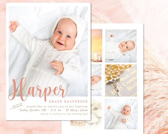 Baptism Invitation Editable Template, Instant Download, edit with Corjl, peach, pink Harper 5x7