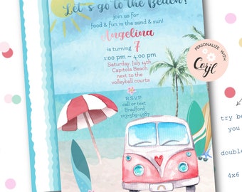 VW Bus Beach Party Invite, Surfing Birthday (Editable Corjl File)