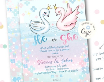 Swan Gender Reveal Invitation, Editable Template (Instant Download)