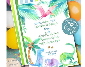 dinosaur party invitation template | EDITABLE FILE | instant download | any age girl or boy