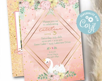 Swan Birthday Invitation, Floral Crown, Editable Template (Corjl)