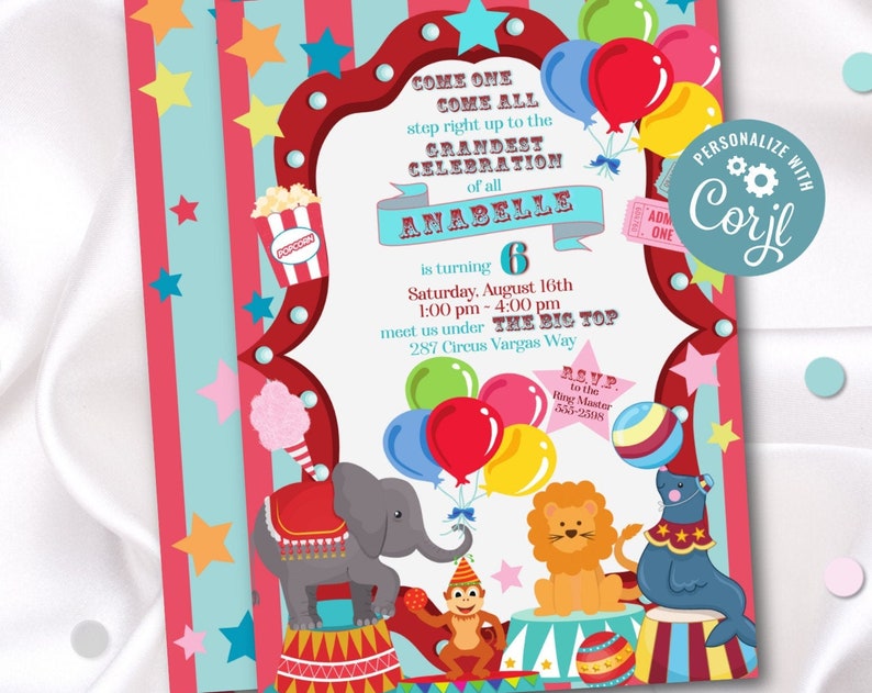 circus carnival party invitation template EDITABLE FILE instant download any age girl or boy