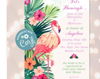 Flamingo Bridal Shower Invitation | Tropical Leaves (Editable Template)