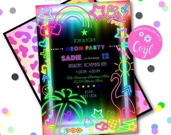 Rainbow Neon Party Invitation Template, Editable (Digital Download)
