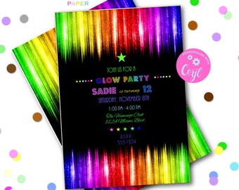 rainbow glow party invitation template | EDITABLE FILE | instant download | any age girl or boy