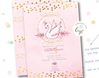 Swan Birthday Invitation Template, Editable Corjl File (Digital Download)