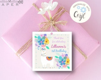 Floral Llama Favor Tag, Editable Template (Digital Download)