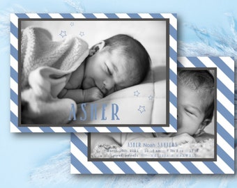 Blue Boy Birth Announcement Template, Photo Card, Asher (Instant Download)