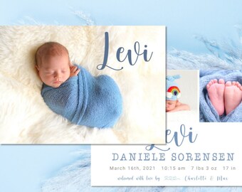 Blue Baby Birth Announcement Template, Boy Levi, 7x5 (Instant Download)