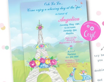 Paris Bridal Shower Invitation, Eiffel Tower, Floral, Editable (Corjl)