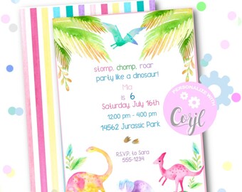 dinosaur girl party invitation template | EDITABLE FILE | instant download | any age girl or boy
