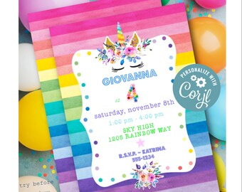 rainbow unicorn party invitation template | EDITABLE FILE | instant download | any age girl or boy