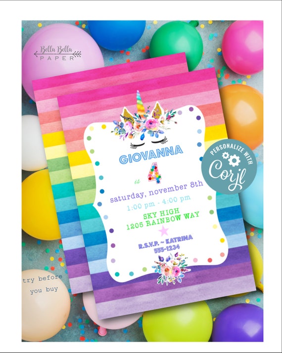 Rainbow Unicorn Party Invitation Template EDITABLE FILE - Etsy