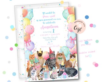 Cat Birthday Party Invitation Template | Editable Kitty Birthday (Digital Download)