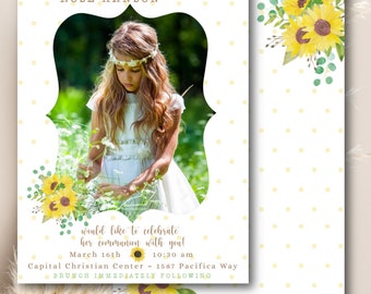 Communion ~ Confirmation Invitation Editable Template, Instant Download, edit with Corjl, Yellow Sunflower Gianna 5x7