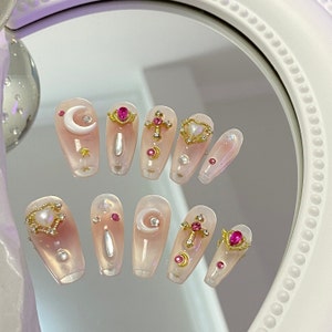 Sailor Moon Pink Press on Nails Japanese Style| Reusable Quality Handmade | Anime Nails