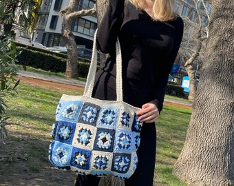 Beige blu grande borsa all'uncinetto / Nonna Square Bag / Borsa a maglia / Hobo Bag / Boho Style / Vintage Style / Crochet Purse / Evil Eye