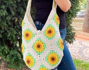 Sunflower Grandma Square Crochet Bag / Beige Crochet Purse / Tote Bag / Hobo Bag / Boho Bag / Knit Purse / Crochet Yellow Shoulder Bag