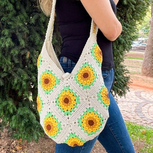 Sunflower Granny Square Crochet Bag Beige Crochet Purse - Etsy