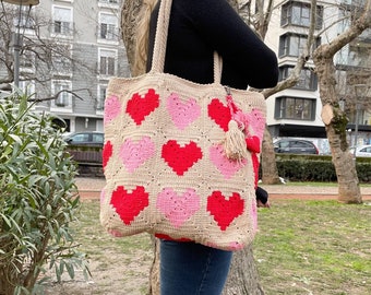 Bolso de ganchillo del Día de San Valentín / Bolso de punto de corazón / Regalo de San Valentín para ella / Bolso de mano para San Valentín / Bolso de hombro