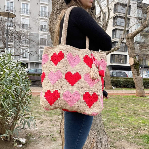 Valentines Day Crochet Bag | Heart Knitted Bag | Valentine's Day Gift for Her | Tote Bag for Valentine | Shoulder Bag