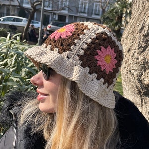 Handmade Crochet Granny Square Bucket Hat: Sunflower Floral Cotton Sun Hat