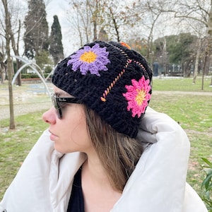 Granny Square Hat | Floral Winter Hat | Handmade Winter Beanie | Knitted Women Accessory | Black Colorful Hat | Valentines Day Gift