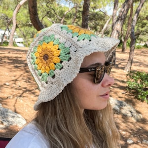 Sunflower Crochet Bucket Hat / Knitted Sun Hat / Granny Square Bucket Hat  / Hair Accessories / Women Accessories