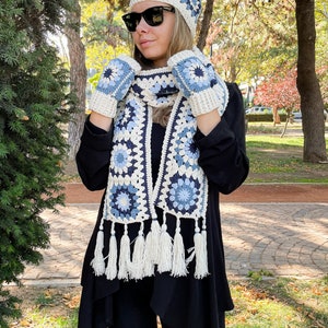 White Blue Crochet Scarf Crochet Hat Crochet Glove - Etsy