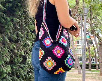 Black Colorful Granny Square Crochet Bag | Knit Shoulder Bag | Hobo Bag | Crochet Purse | Christmas Gift | Crochet Gift | Crochet Tote Bag