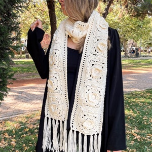 Crochet Scarf | Granny Square Scarf | Crochet Wrap | Crochet Accessory | Winter Scarf | Ecru Scarf | Gift for Her | Christmas Gift