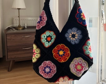 Borsa all'uncinetto afgano, borsa tote, borsa nera fatta a mano a maglia, borsa all'uncinetto, borsa hippie, stile Boho, borsa colorata quadrata della nonna