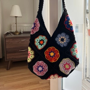 Afghan Crochet Bag, Tote Bag, Black Handmade Knitted Bag, Crochet Purse, Hippie Bag, Boho Style, Colorful Granny Square Purse