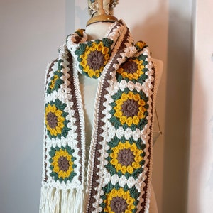 Sunflower Crochet Scarf | Granny Square Scarf | Crochet Wrap | Crochet Accessory | Winter Scarf | Ecru Scarf | Gift for Her | Boho Scarf