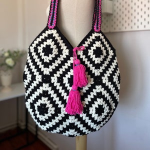 Black White Crochet Bag | Large Crochet Purse | Granny Square Bag | Knitted Tote Bag | Boho Bag | Festival Style | Mother’s Day Gift