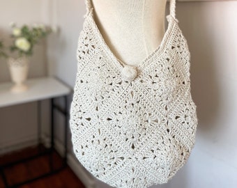 Beige Crochet Bag / Granny Square Bag / Crochet Purse / Tote Bag / Boho Bag / Hobo Bag / Shopping Bag / Vintage Style / Women Accessories