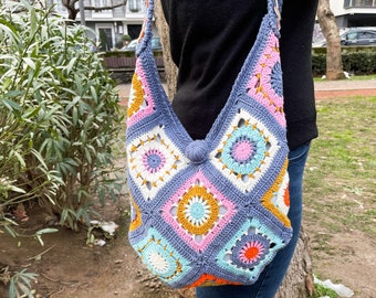 Borsa all'uncinetto blu / Borsa Grandma Square / Accessorio da donna lavorato a maglia / Borsa Hobo / Stile Boho / Stile Vintage / Borsa all'uncinetto / Borsa Boho